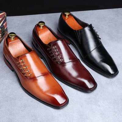 Mens Casual Business Shoes Microfiber Leather Square Toe Lace-up Mens Dress Office Flats Men Fashion Wedding Party Oxfords