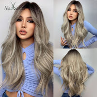 ALAN EATON Long Wavy Synthetic Hair Wigs with Bangs Ombre Black Brown Gray Ash Cosplay Party Daily Heat Resistant Wigs for Women