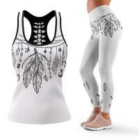 【YD】 Feather Leggings Sport Pants Push Up Top Sportswear Set