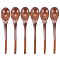 Wooden Soup Spoons, 6 Pieces 7.84 Inches Japanese Ramen Spoons Round Nanmu Wood Long Handle Kids Rice Dessert Dark Brown