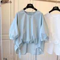 Woherb Puff Sleeve Doll Shirt Korean Solid Causal Asymmetrical Pleated Blouse Drawstring Women Oversize Loose Top Blusas Mujer