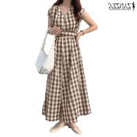 COD DSFGRDGHHHHH ZANZEA Grid Printed Short Sleeve Vintage Vestidos Summer Beach Casual Women Dresses