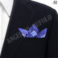 ANGELINO RUFOLO Pocket Square(ผ้าเช็ดหน้าสูท) ผ้าไหมพิมพ์ลายอิตาลี่คุณภาพเยี่ยม ดีไซน์ Paisley สีน้ำเงิน/สีเทา