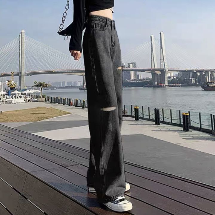 กางเกงยีนส์-เอวสูง-ขาบานแบบขาดๆ-สไตล์เกาหลี-เท้ากว้าง-กางเกงยีนส์ขายาว-สวยๆเก๋ๆ