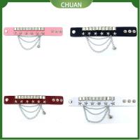 CHUAN 2PCS โลหะสำหรับตกแต่ง กำไลพังค์ เครื่องหนังแท้ สีดำสีขาวสีแดงสีชมพู ปลอกแขนโลหะ แฟชั่นสำหรับผู้หญิง ปรับได้ปรับได้ สายรัดข้อมือหนัง ผู้หญิงผู้ชาย