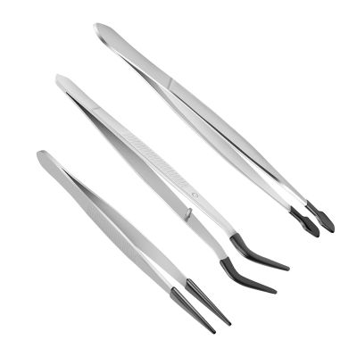 3 Pcs Rubber Tipped Tweezers 6Inch Straight Flat Tweezers & 6Inch Bent Tip Tweezers & 4.7Inch Pointed Tweezers