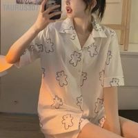 Taurus307 Woman Pajamas Set White Cute Bear Pattern Short Sleeve Button Up Turn Down Collar Top Shorts Summer Sleepwear