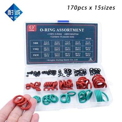 170 PCS Mixed Green FKM NBR O Ring Set Red Silicone Rubber O-ring Set Seal 15 Sizes Gasket O Ring Seal Assortment Box O Ring Kit Gas Stove Parts Acces