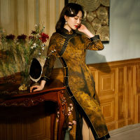 2022 New Elegant Satin Printed Slim Long Cheongsam Women Vintage Plush Thick Long Sleeved Cheongsam Improve Daily Dresses Qipao