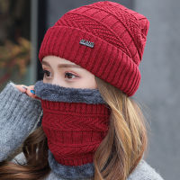 Warm Bib Two-piece Hat Set Color Ear Velvet Ladies Winter Solid