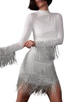 ZZOOI Women Sparkling Tassel Evening Dress Long Sleeve Rhinestone Fringe Cocktail Wedding Party Ball Gown