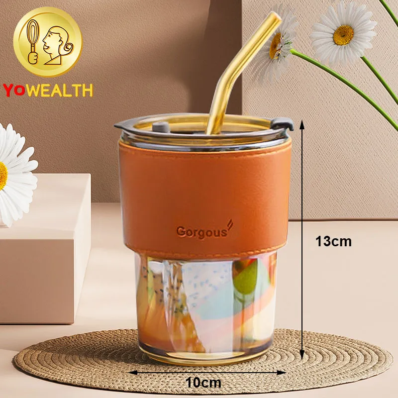 450ml Coffee Glasses Heat Resistant Leather Cover Glass Mug Water Cup Tea  Wine Drinkware Glasses Tumbler With Lids Straw