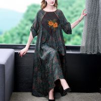 2023 New Fashion Silk Printed Dress Womens Autumn Retro Floral Round Neck Loose Fit Casual Holiday Party Dress Vestidos