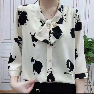 Three-quarter sleeve ribbon chiffon shirt 2023 Summer new fashion high-end mom wear loose slimming thin shirt for women 2023