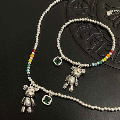 100 925 Sterling Silver Sweet Little Bear Animal Colorful Rainbow Bead Chain Ladies Jewelry Set Necklace Bracelet Birthday Gift