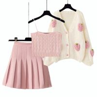 Spot parcel post plus Size Womens Clothing Spring Suit Women 2023 New Korean Style Knitted Cardigan Sweater Small Sling Pleated Skirt Three-Piece Set