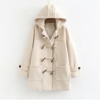 ◐ UHYTGF Row Horn Buckle Wool Coat Clothing Loose size Hooded Woolen Coats Manteau 569