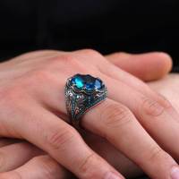 บุรุษแหวนพลอยวินเทจรูปไข่สีฟ้าเพทายหินชี้แจงแหวนวง