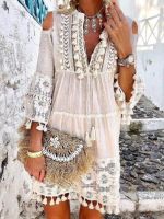 Womens Shift Dress Short Mini Dress 34 Length Sleeve Tassel Fringe Lace Cold Shoulder Summer Hot Casual Boho Vacation Dresses