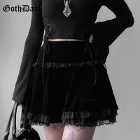 Goth Dark Mall Gothic Aesthetic Velvet Pleated Mini Skirts Women Vintage Harajuku Emo Alt Clothes High Waist Lace Ruffles Skirt