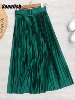 【CC】✺  Seoulish 2023 New Stain Womens Pleated Skirts with Belted Waist Mi-long Umbrella Skirt
