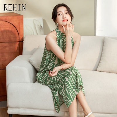 REHIN ชุดสตรี Niche ใหม่สไตล์ดอกไม้แขนกุดแขวนคอหลวมแนวโน้มการออกแบบที่เรียบง่าย Dresses