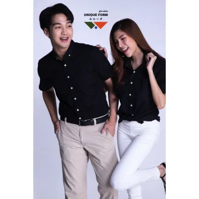 UNIQUEFORM เสื้อเชิ้ต แขนสั้นคอปก สีดำ Classic Black Shirt ผ้าอ้อกฟอร์ด (PURE Oxford Shirt)