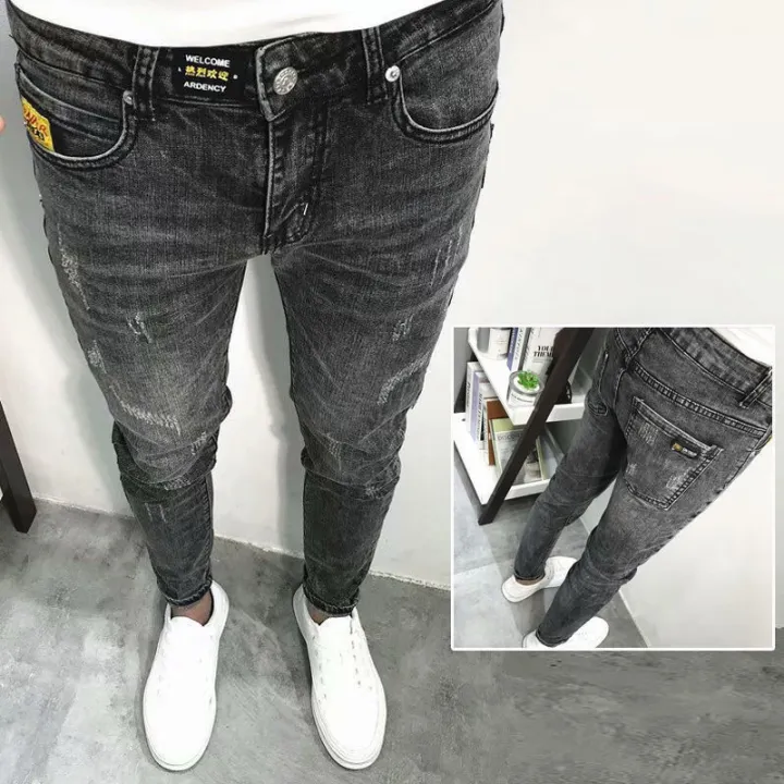 Cropped Ripped Jeans Men's Slim Fit Skinny Spring and Summer Stretch