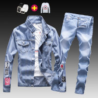 Fashion Mens Washed Denim Jacket Jeans Pants 2pcs Set Appliques Long Sleeve Coat Casual Slim Fit Boys Clothing S-XXXL Autumn N46