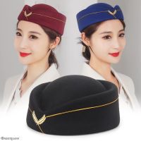 ۞☃❆ Airline Stewardess Sexy Formal Uniform Hat Caps Roll Play Halloween Party Cosplay Cap Wool Felt Air Hostesses Beret Hat Base Cap