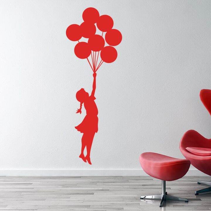 sale-nancarenko1977-art-design-banksy-สติ๊กเกอร์ติดผนัง-flying-balloon-girl-home-decor-ไวนิล-wall-decal-self-adhesive-graffiti-diy-home-decoration