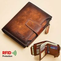 Mens Genuine Leather Wallet Vintage Short Multi Function Business Card Holder RFID Blocking Zipper Coin Pocket Money Clip