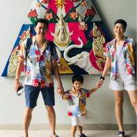 เสื้อฮาวาย เสื้อเด็ก เสื้อครอบครัว เด็ก&amp;ผู้ใหญ่ Hawaiian aloha Shirts (มะพร้าว คัลเลอร์ฟู พื้นขาว)