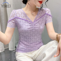 YIMEI เสื้อยืดผู้หญิงกว่างโจวสวยคอวีสีม่วง,เสื้อยืด2023ลูกไม้แฟชั่นของผู้หญิงเสื้อผู้หญิงสวยงามสำหรับฤดูร้อน