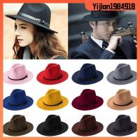 YIJIAN1984918 วินเทจ ปีกกว้าง พร้อมหัวเข็มขัด Outback Hat หมวกคาวบอย หมวกแจ๊สปานามา หมวก Fedora สักหลาด