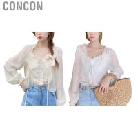 COD Concon Open Front Shirt  Chiffon Top Long Sleeve Strap Tie Sweet Style Skin Friendly for DatingPCS