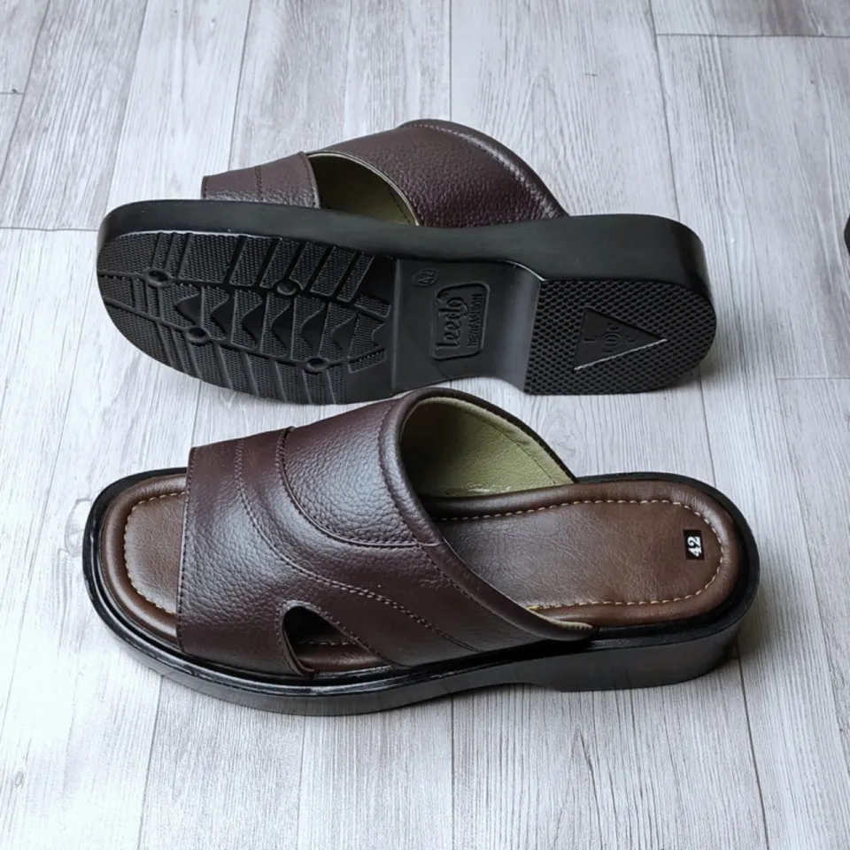 Dép da nam trung niên đế cao 3cm màu nâuđen - MixASale