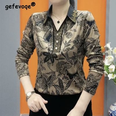 ○ Fashion Blouse Loose Turn-down Collar Womens Clothing Print Top All Match Bottoming Middle Aged Shirt