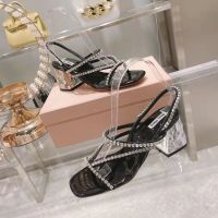 2023 MIUMIUˉSummer New Square Headed Rhinestones with Sandals Womens Open Toe Fashion Thick Heels Silver High Heels