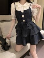 【LZ】●▤  Saia jeans de duas peças com suspensório para estudante saia linha A saia midi kawaii kawaii vestido polo bonito e vintage estilo japonês 2023