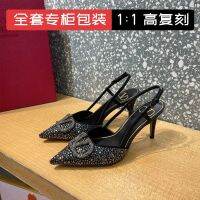 2023 ValentinoˉNew Rear Hollow Pointed V-Button Rhinestone Slim Heel Sandals High Heels