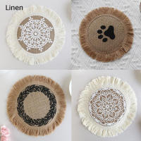 TOP Natural Jute Burlap Tassels พิมพ์ตาราง Place Mat Pad ผ้า Placemat ถ้วยกันน้ำ Coaster รอบ Doily อุปกรณ์ครัว