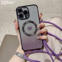 Cute Love Heart Plating Glitter Magnetic Crossbody Lanyard Case for iPhone 11 12 13 14 Pro Max Plus for Magsafe Soft Clear Cover