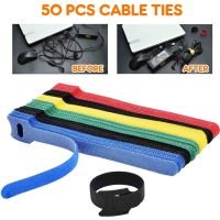 50pcs Releasable Cable Ties Nylon Fastening Reusable Adjustable Cable Tie Straps Hook Cord Management Wrap Wire Organizer Keeper Cable Management