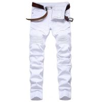 Fashion White Motorcycle Jeans Mens Personality Mens Pants Solid Color Casual Denim Jeans for Men Straight Spliced 90s Jeans