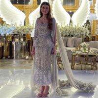 【HOT】▼♧✐ Sharon Said Gray Arabic Evening with Cape Luxury Feather Dubai Formal Dresses for Wedding LA7149