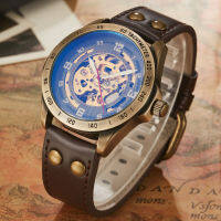 HotLuxury แบรนด์ชั้นนำ Mens Mechanical นาฬิกาสำหรับชาย R Automatic Skeleton Steampunk Leather Mechanical นาฬิกา Luxury Gifts