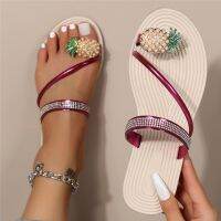 สับปะรดประดับด้วยลูกปัด Flip Flops ผู้หญิง Beaded รองเท้าแตะ Toe Beach รองเท้าแตะส้นเตี้ย Sandalias ฤดูร้อนชายหาดลำลองรองเท้าคริสตัล