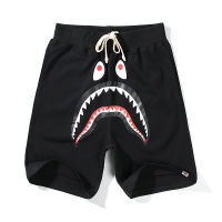 Bape Shark Head กางเกงขาสั้นสีทึบพิมพ์ผ้าฝ้ายกางเกงขาสั้นหลวมสบายๆ