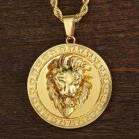 Lion Head Pendant Necklace for Men Boys Gold Color Carved Round Pendant Hollow Back  Fashion Punk Hip Hop Jewelry Fashion Chain Necklaces